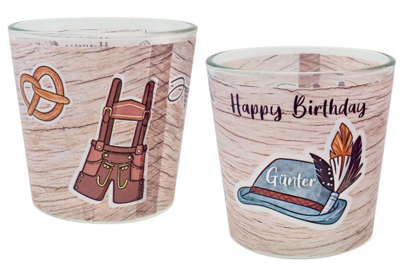 Windlicht Glas mit Banderole Mann Geburtstag Oktoberfest Bayrisch Braun Rot Tischdeko Kerzenglas PERSONALISIERT 7,5cm H