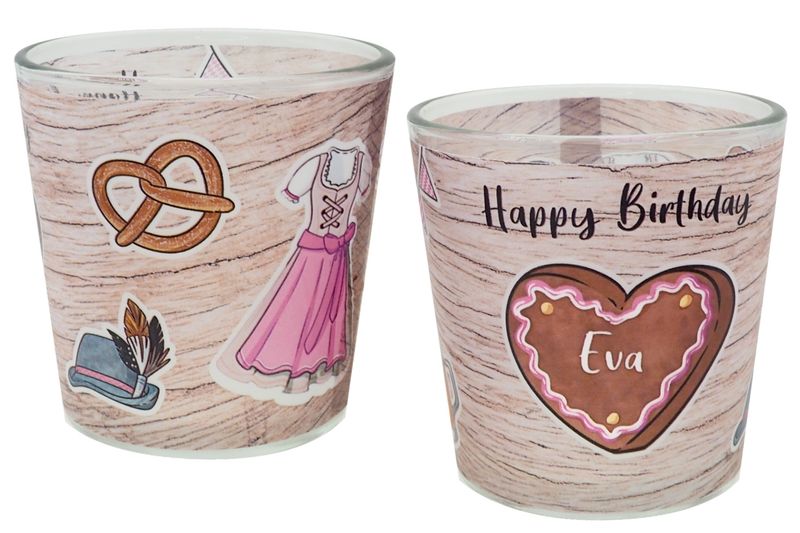 Windlicht Glas mit Banderole Frau Geburtstag Oktoberfest Bayrisch Pink Tischdeko Kerzenglas PERSONALISIERT 7,5cm H