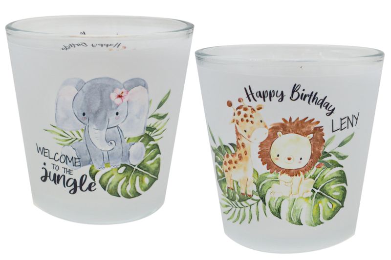 Windlicht Banderole Jungle Löwe Elefant Giraffe Geburtstag Kerzenglas Kindergeburtstag PERSONALISIERT 7,5 cm H