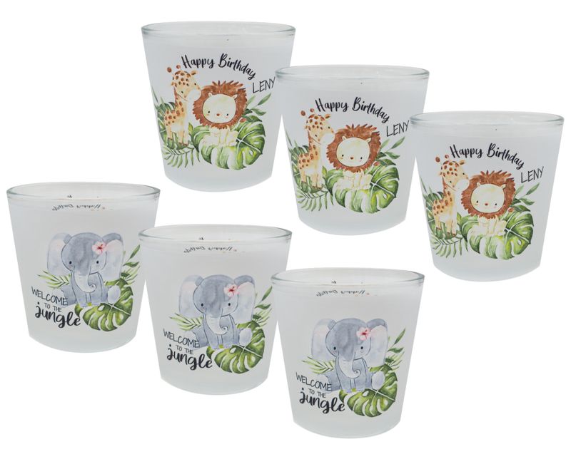 Windlicht Banderole Jungle Löwe Elefant Giraffe Geburtstag Kerzenglas Kindergeburtstag PERSONALISIERT 7,5 cm H