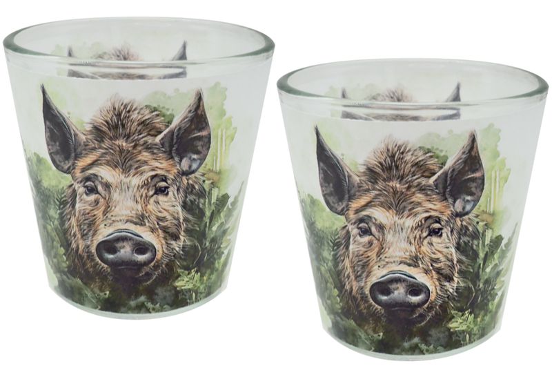 Windlicht Banderole Wildschwein Wald Grün Kerzenglas Herbst Winter Tischdeko Votivglas 7,5 cm H