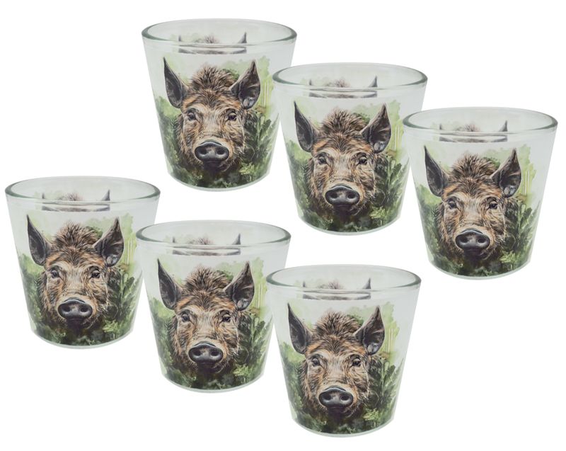 Windlicht Banderole Wildschwein Wald Grün Kerzenglas Herbst Winter Tischdeko Votivglas 7,5 cm H