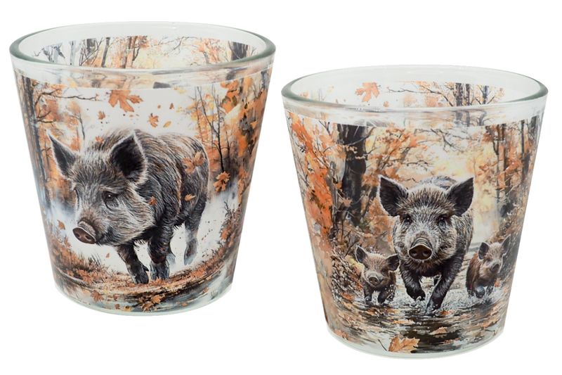 Windlicht Banderole Wildschwein Wald Orange Kerzenglas Herbst Blätter Tischdeko Votivglas 7,5 cm H