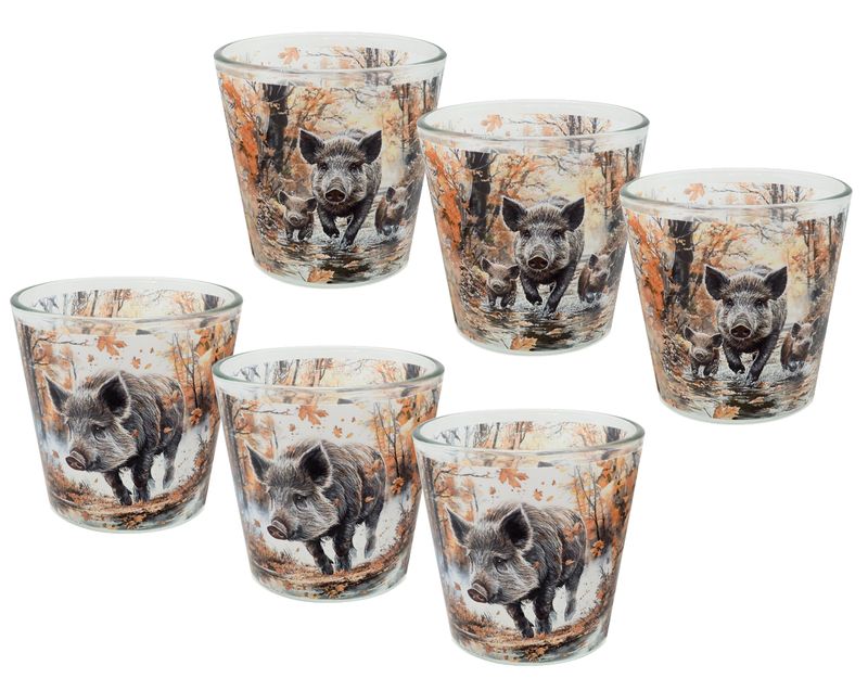 Windlicht Banderole Wildschwein Wald Orange Kerzenglas Herbst Blätter Tischdeko Votivglas 7,5 cm H