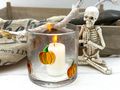 Rundes Glas-Windlicht, transparent mit orangefarbenen Kürbis-Motiven  3