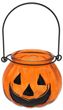 Windlicht Glas Kürbis Gesicht Orange mit Henkel Metall Schwarz Tischdeko Herbst Halloween 8cm Hoch 10cm Ø  1