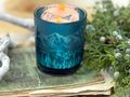Glas-Windlicht in Petrol Blau und Silber-Grau mit Hirsch und Wald Motiv 3
