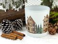 Deko Teelichthalt - Windlicht aus Milchglas mit winterlichem Motiv aus Häusern, Tannenbäumen & Schnee 2