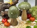 2er-Set Deko Pilze aus Mangoholz mit Grünen Kappen, 15cm H, handgefertigt und bemalt– jedes Stück ein Unikat 2