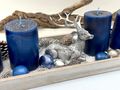 Adventskranz Blau Silber 40 cm länglich, Weihnachten Adventsgesteck Deko Adventstablett Komplett SET 3