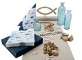 Tischdeko Deko Kommunion Konfirmation Blau „Glaube Liebe Hoffnung“ SET mit Servietten, Tischband, Aufsteller Fisch, Vasen & Streudeko 1