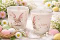 Windlicht Banderole Frohe Ostern Hase Blumenkette Beige Tischdeko Votivglas 7,5 cm H 3