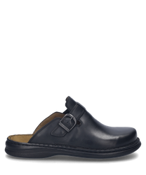 The black clog made of smooth leather features an adjustable buckle closure. The shoe has a sturdy sole that provides additional comfort.