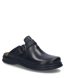 The black clog made of smooth leather features an adjustable buckle closure. The shoe has a sturdy sole that provides additional comfort.