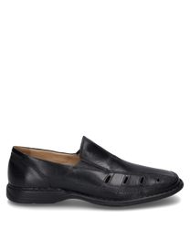 Eleganter schwarzer Slipper aus Leder mit glatter Oberfläche und seitlichen Luftlöchern. Der Schuh verfügt über einen praktischen Gummizug für einfaches An- und Ausziehen ideal für einen komfortablen und stilvollen Auftritt.