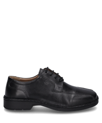 Black leather lace-up shoe. Elegant design with a smooth surface and sturdy stitched sole.