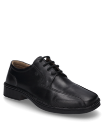 Black leather lace-up shoe. Elegant design with a smooth surface and sturdy stitched sole.