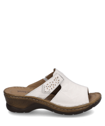 Der Clog in Weiß besteht aus Leder und verfügt über einen praktischen Klettverschluss. Besondere Merkmale sind das perforierte Design und die bequeme Sohle in Holzoptik.