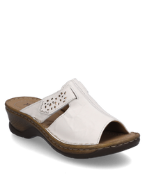 Der Clog in Weiß besteht aus Leder und verfügt über einen praktischen Klettverschluss. Besondere Merkmale sind das perforierte Design und die bequeme Sohle in Holzoptik.