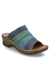 The clog is made of leather and features a multicolored design in shades of blue and green. It has a comfortable elastic closure and a sturdybrown textured sole that provides optimal grip.