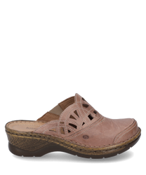 The clog made of brown leather features a comfortable elastic closure. Striking cut-outs and a well-structured sole give it a unique look.