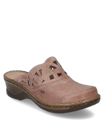 The clog made of brown leather features a comfortable elastic closure. Striking cut-outs and a well-structured sole give it a unique look.