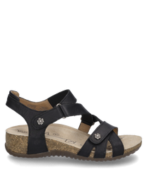 Schwarze Sandale mit Klettverschluss gefertigt aus Leder. Sie hat einen ergonomischen Korkfußbett und dekorative Blumenapplikationen auf den Riemen.