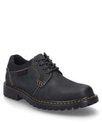 Der schwarze Halbschuh aus Leder hat eine robuste Schnürung und kontrastierende Ziernähte. Die dicke profilierte Sohle bietet zusätzlichen Halt und Komfort.