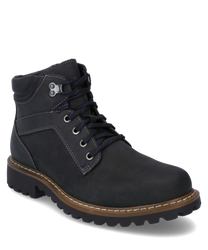 Die Stiefelette aus dunkelgrauem Leder besticht durch ihren robusten Look und einen praktischen Reißverschluss. Sie verfügt über eine grob profilierte Sohle und dekorative Nähte die dem Schuh einen modernen Touch verleihen.