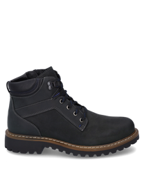 Die Stiefelette aus dunkelgrauem Leder besticht durch ihren robusten Look und einen praktischen Reißverschluss. Sie verfügt über eine grob profilierte Sohle und dekorative Nähte die dem Schuh einen modernen Touch verleihen.