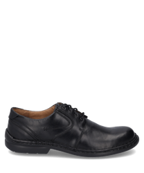 Elegante scarpa stringata in pelle nera. La scarpa si distingue per la sua raffinata cucitura e la finitura liscia e lucida.