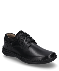 Schwarzer Halbschuh aus Leder mit Schnürung. Der Schuh hat eine glatte Oberfläche und eine robuste genähte Sohle ideal für den Alltag.