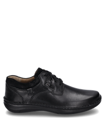 Schwarzer Halbschuh aus Leder mit Schnürung. Der Schuh hat eine glatte Oberfläche und eine robuste genähte Sohle ideal für den Alltag.