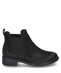L'ankle boot raffigurato è realizzato in pelle nera e presenta un elastico laterale per una facile calzata. La scarpa si distingue per una suola robusta e una cucitura discreta lungo la suola.