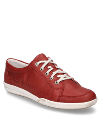 Sneaker rossi in pelle liscia con suola in gomma bianca e lacci. La scarpa ha lacci bianchi e una discreta decorazione a cucituraideale per look casual quotidiani.