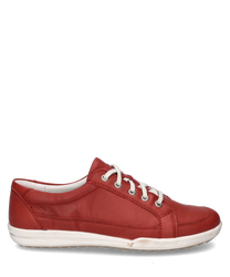 Sneaker rossi in pelle liscia con suola in gomma bianca e lacci. La scarpa ha lacci bianchi e una discreta decorazione a cucituraideale per look casual quotidiani.