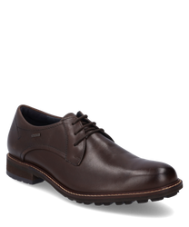 Zapato elegante de media caña de cuero liso marrón oscuro con cordones. El zapato se caracteriza por una suela robusta y perfilada y detalles de costura discretos.