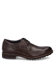 Zapato elegante de media caña de cuero liso marrón oscuro con cordones. El zapato se caracteriza por una suela robusta y perfilada y detalles de costura discretos.