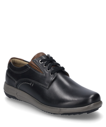Eleganter Halbschuh mit Schnürung aus schwarzem Leder und braunen Akzenten an der Ferse. Der Schuh hat eine graue Gummisohle und dezente Ziernähte für einen klassischen Look.