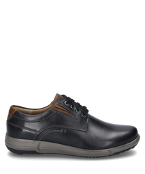 Eleganter Halbschuh mit Schnürung aus schwarzem Leder und braunen Akzenten an der Ferse. Der Schuh hat eine graue Gummisohle und dezente Ziernähte für einen klassischen Look.