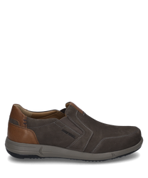 The slipper is made of dark brown leather with a beige elastic band. It features a contrasting light brown heel area and distinctive white decorative stitching.