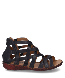 The sandal is made of black leather with a zipper closure at the heel. It features a stylish braided design and a flatcomfortable sole with a floral pattern.