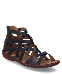 The sandal is made of black leather with a zipper closure at the heel. It features a stylish braided design and a flatcomfortable sole with a floral pattern.