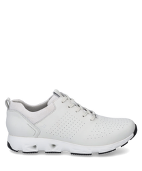 A modern white sneaker with lacing made of smooth leather. The shoe features a perforated surface for breathability and a white sole with a rounded profile for added comfort.