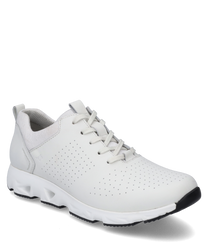 A modern white sneaker with lacing made of smooth leather. The shoe features a perforated surface for breathability and a white sole with a rounded profile for added comfort.