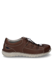 The shoe is made of brown leather and has a white sole. Special features include the striking seam and the lacingwhich ensures a custom fit.