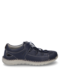 Dark blue leather lace-up shoe with contrasting white stitching and a sturdy light rubber sole. Special features include side cutouts and decorative embroidery on the outside.