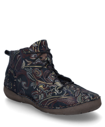 Stivaletti con lacci caratterizzati da un ricco motivo floreale su tessuto blu scuro. La scarpa offre una suola piatta e robusta per comfort e stile.