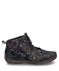 Stivaletti con lacci caratterizzati da un ricco motivo floreale su tessuto blu scuro. La scarpa offre una suola piatta e robusta per comfort e stile.