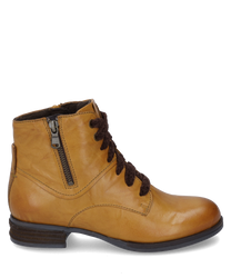 Die Stiefelette ist aus glattem hellbraunem Leder gefertigt und hat eine Schnürung aus dunklem Material. Sie verfügt über einen seitlichen Reißverschluss und eine flache dunkle Sohle.